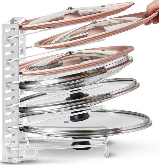 Free-Standing Adjustable Pot Lid Organizer for Cabinet - Kitchen Storage Rack 6 Adjustable Shelves, Pot Lid Holder, Pan and Pot Rack Organizer, Pantry & Inside Cabinet Organizer (13” Clearance) by BetterThingsHome