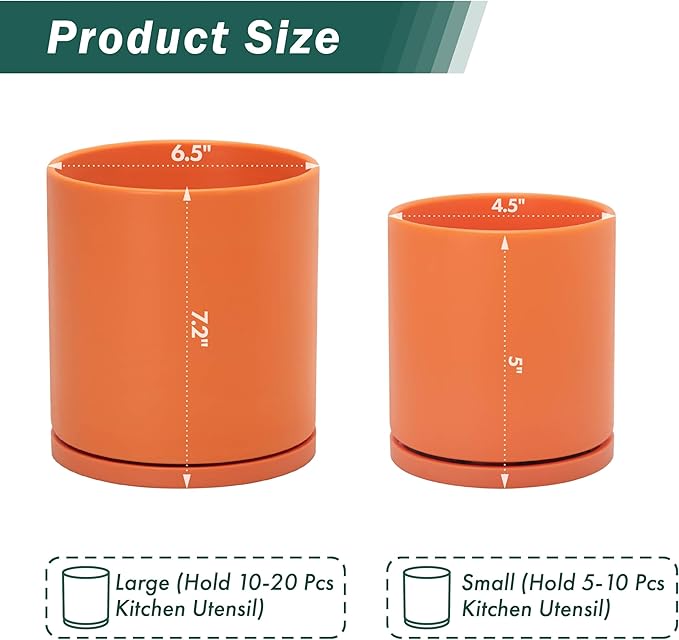 D'vine Dev 360° Rotating Utensil Holder Set – 7.2"+5" Kitchen Utensil Crocks for Countertop, Modern Cooking Tool Organizers for Kitchen Storage +Décor, Pumpkin, Set of 2, 72-Z-E-1 - Image 3