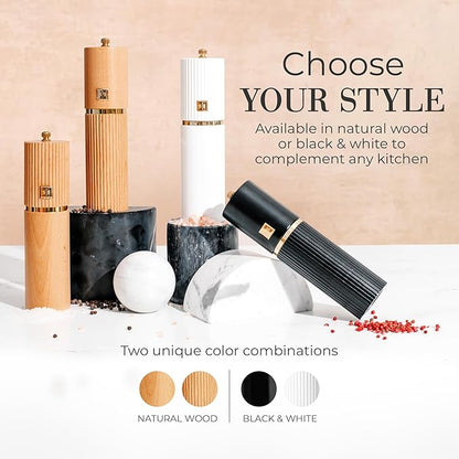 Wooden Salt and Pepper Grinder Set – Refillable Manual Salt and Pepper Mills with Adjustable Ceramic Burrs, Gold Detailing, and Wood Stand - Image 7
