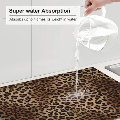 Brown Leopard Dish Drying Mat Black Cheetah Skin Wild Animal Print Drying Rack Pad Countertop Dishes Ultra Absorbent Microfiber Kitchen Counter Mat 18x24 Inch