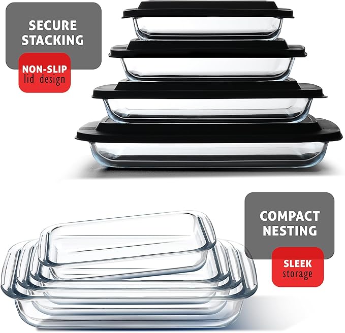 Nestl 16 pc Glass Baking Dishes for Oven, Glass Food Storage Containers with Lids, Leakproof Casserole Dishes for Oven with Lid, Cooking, Microwave Oven Freezer Safe Bakeware, 9x13 Lasagna Pan Black - Image 5