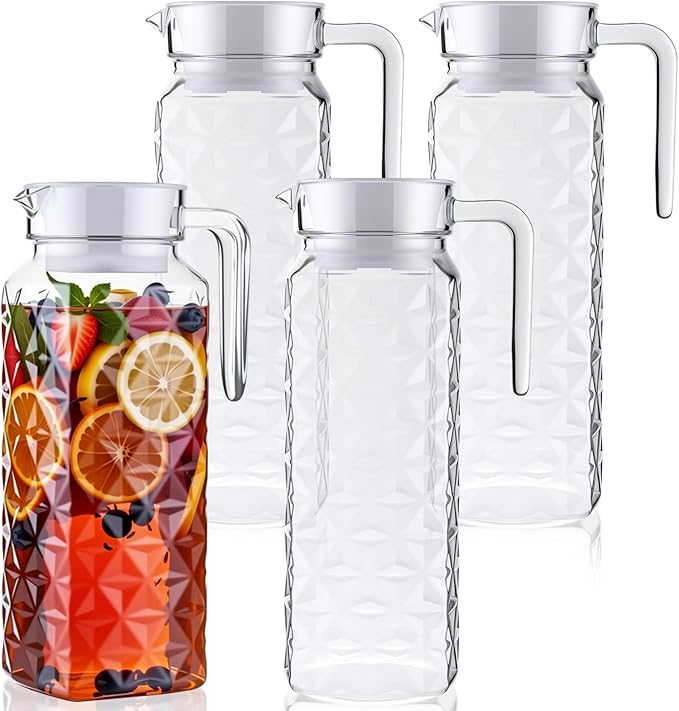 Didaey 4 Pcs Acrylic Water Pitcher with Lid, Spout Handle Clear Plastic Pitcher Heat Resistant Carafe Unbreakable Beverage Container Fridge Jug for Juice Ice Tea Sangria Lemonade(37 oz,Diamond)