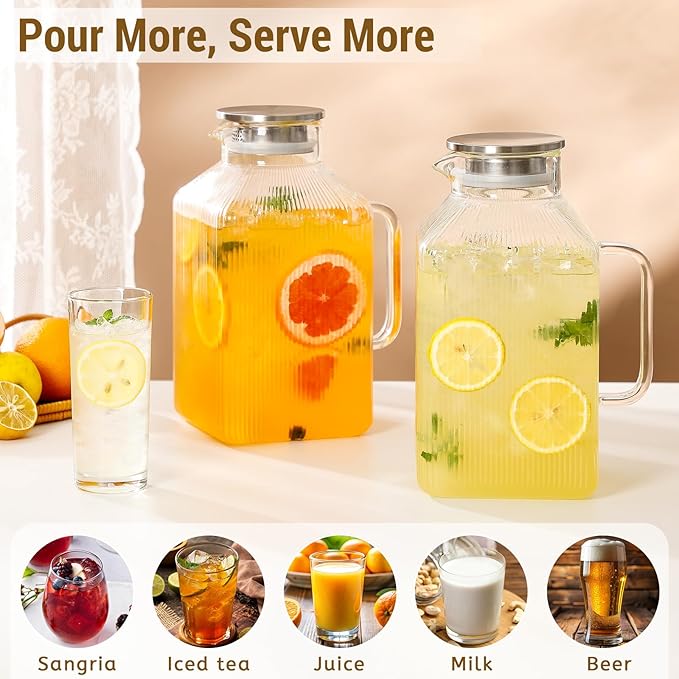 2 Pack 1 Gallon thickened Square Glass Pitcher with Lid, Classic Stripes Water Pitchers for Fridge, Borosilicate Glass Carafe for Hot/Cold Brew Drink, Extra Large Jug with Handle for Iced Tea, Coffee - Image 2