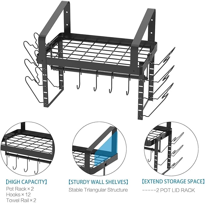 X-cosrack Pot Racks Wall Mounted Set of 2,with Towel Bar and Pots Pans Lids Organizer, Kitchen Cookware Hanging Shelves with 12 Hooks, Black - Image 7