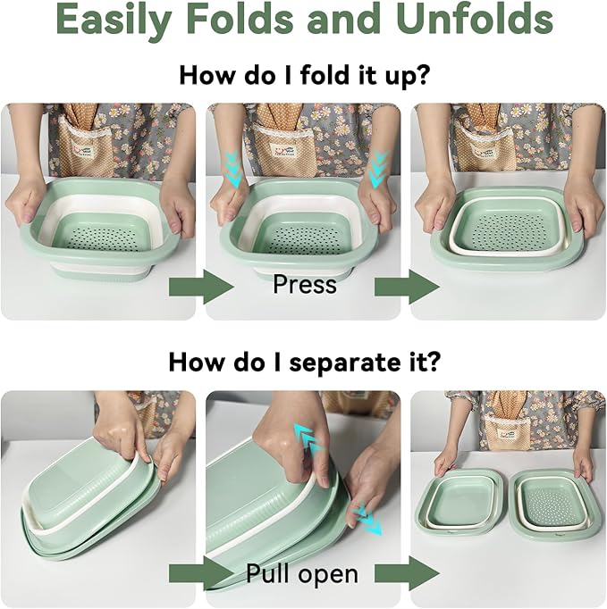 3 Sets 2 in 1 Collapsible Colander and Sink Basin - Collapsible Strainer with Collapsible Wash Basin for Kitchen, RV Camping, Foldable Fruit Vegetable Washing Basket, 2QT 4QT 8QT, Blue