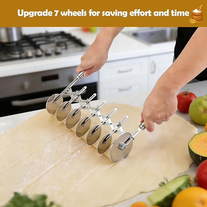 Juome 7 Wheel Pastry Cutter with Handle, Multi-Round Wheel Pasta Dough Cutter Roller Stainless Steel Pizza Slicer Accordion Pastry Knife Divider Tool - Image 2
