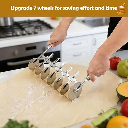 Juome 7 Wheel Pastry Cutter with Handle, Multi-Round Wheel Pasta Dough Cutter Roller Stainless Steel Pizza Slicer Accordion Pastry Knife Divider Tool - Image 2