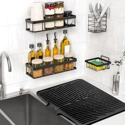 TIKNIK Silicone Dish Drying Mat, Stone Drying Mat for Kitchen Counter with Built-In Drain, Non-Slip Drain Pad with Built-in Drain, Heat Resistant Stone Drying Mat, Hangable, Black-2pcs, 20" x 15" - Image 5