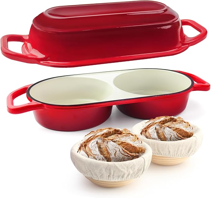 YONILL Mini Double Dutch Oven for Sourdough Bread Baking - Enameled Cast Iron Dutch Oven Pot with Lid and 5" Banneton Bread Proofing Basket Kit, Dual Round Bread Loaf Pan for Homemade Baking (Red) by YONILL