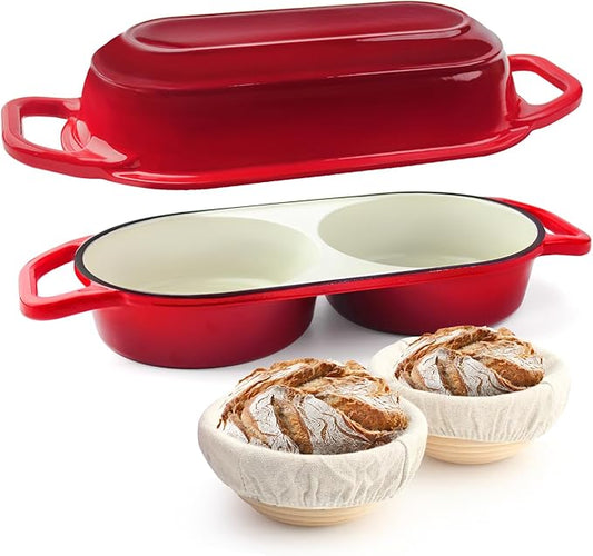 YONILL Mini Double Dutch Oven for Sourdough Bread Baking - Enameled Cast Iron Dutch Oven Pot with Lid and 5" Banneton Bread Proofing Basket Kit, Dual Round Bread Loaf Pan for Homemade Baking (Red) by YONILL