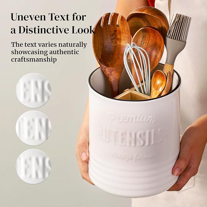 DOWAN 3 Compartment Kitchen Utensil Holder, 7.2″ Extra-Large Ceramic Stable Utensil Caddy, Rustic Cooking Utensil Crock for Farmhouse Kitchen Décor, Utensil Holder for Countertop - Image 3