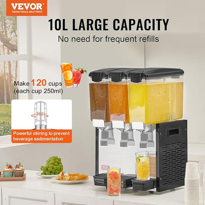 VEVOR Commercial Beverage Dispenser, 3 Tanks 10 L / 10.6 QT Per Tank Juice Dispenser, 440W Stainless Steel Ice Tea Drink Machine with 45°F-54°F Cooling Temperature, for Cold Drink Restaurant Bar Party - Image 2