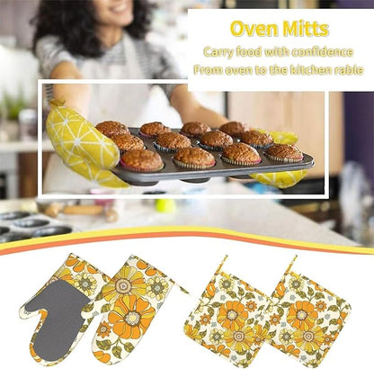 Retro 70s Style Flower Oven Mitts Pot Holders Cooking Apron Set of 5 Silicone Kitchen Glove Apron Non-Slip Heat Resistant for Chef Baking Cooking Grilling BBQ