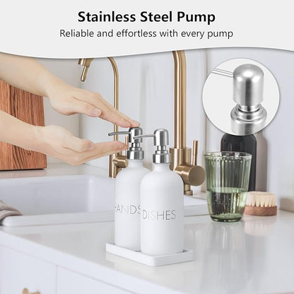White Dish and Hand Soap Dispenser Set - Glass Kitchen Soap Dispenser with Tray and Stainless Steel Pump - for White Kitchen Decor and Accessories