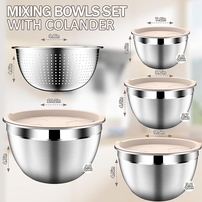 DUTZUN Stainles Steel Mixing Bowls with Lids Set, Stackable Metal Mixing & Serving Bowl with Strainer, 5-Piece - Beige - Image 2
