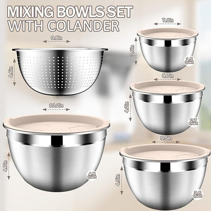 DUTZUN Stainles Steel Mixing Bowls with Lids Set, Stackable Metal Mixing & Serving Bowl with Strainer, 5-Piece - Beige - Image 2