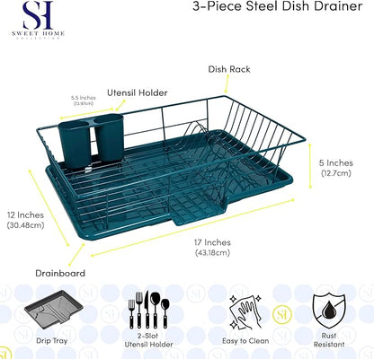 Space-Saving 3-Piece Dish Drainer Rack Set ✅ Efficient Kitchen Organizer for Quick Drying and Storage ✅ Includes Cutlery Holder and Drainboard ✅ Maximize Countertop Space, Blue/Green Teal - Image 2