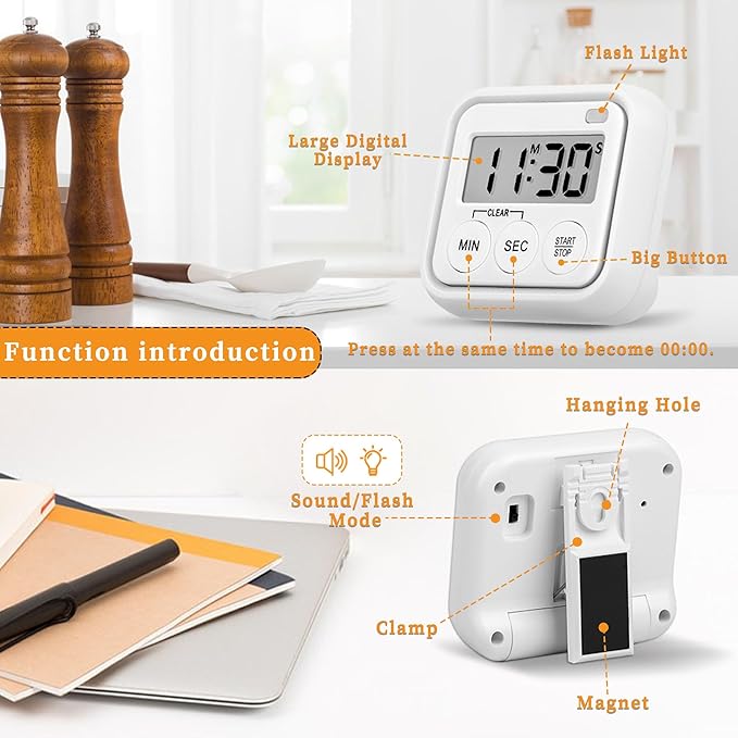 Timer, Kitchen Timers for Cooking Classroom Timer for Kids Teachers Digital Magnetic Timers 2 Pack, White - Image 4