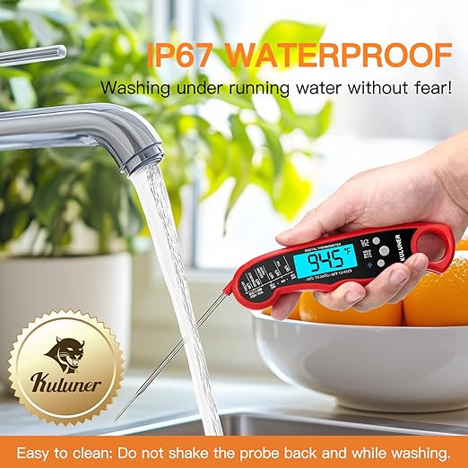 KULUNER TP-01 Waterproof Digital Instant Read Meat Thermometer with 4.6 Folding Probe Backlight Calibration Function for Cooking Food Candy, BBQ Grill, Liquids,Beef（Red） - Image 6
