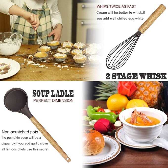 Cooking Utensils Set- 35 PCs Kitchen Utensils with Grater,Tongs, Spoon Spatula &Turner Made of Heat Resistant Food Grade Silicone and Wooden Handles Kitchen Gadgets Tools Set for Cookware - Image 4