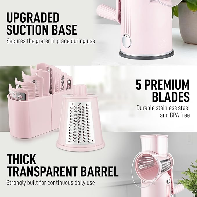 Zulay Kitchen Rotary Cheese Grater 5 Blade Cheese Shredder - Manual Hand Crank Cheese Grater With Reinforced Suction & 5 Interchangeable Drums - Easy to Use, Vegetable Chopper Round Mandoline Slicer - Image 8