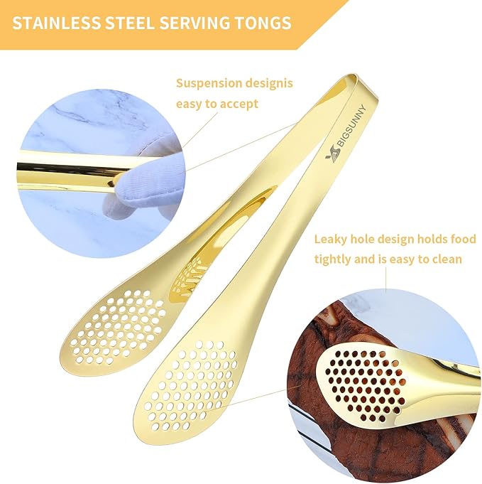 MSY BIGSUNNY 2 Pack Buffet Tongs, Gold-plated Stainless Steel Food Tongs Serving Tong - Image 2