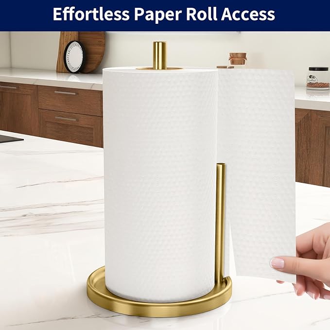 Jesginboo Paper Towel Holder Countertop, Gold Kitchen Paper Towels Holder, Paper Roll Holder with Weighted Base - Image 2