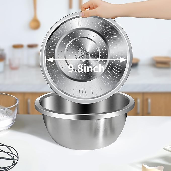 Colander 304 Stainless Steel 5-quart with Mixing Bowls, Strainer for Kitchen Food For washing vegetables, fruit, rice, Dishwasher Safe. (2PC) - Image 5