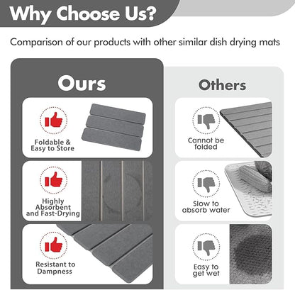 Stone Dish Drying Mat for Kitchen Counter, Eco-friendly, Instant Drying Pad,Diatomaceous Earth Water Absorbing Mat, Foldable and Super Absorbent Dish Drying Stone Mat, 16"×12", Dark Gray - Image 4