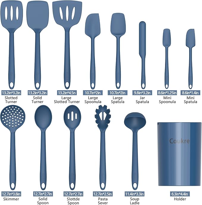 Coukre Silicone Kitchen Cooking Utensils Set with Holder – Heat-Resistant, Food-Grade Kitchen Tools, Spatula, Spoon & Gadgets for Non-Stick Pans, Dishwasher Safe (14, PureDarkBlue) - Image 2