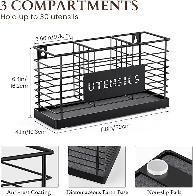 THYGIFTREE Utensil Holder for Kitchen Counter with Diatomaceous Earth Base, Large Black Metal Cooking Tool Organizer with 3 Compartments, Countertop Utensil Holder for Spatula and Kitchen Utensils - Image 5