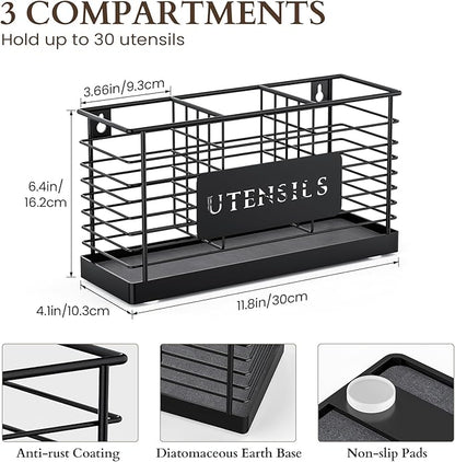 THYGIFTREE Utensil Holder for Kitchen Counter with Diatomaceous Earth Base, Large Black Metal Cooking Tool Organizer with 3 Compartments, Countertop Utensil Holder for Spatula and Kitchen Utensils - Image 5