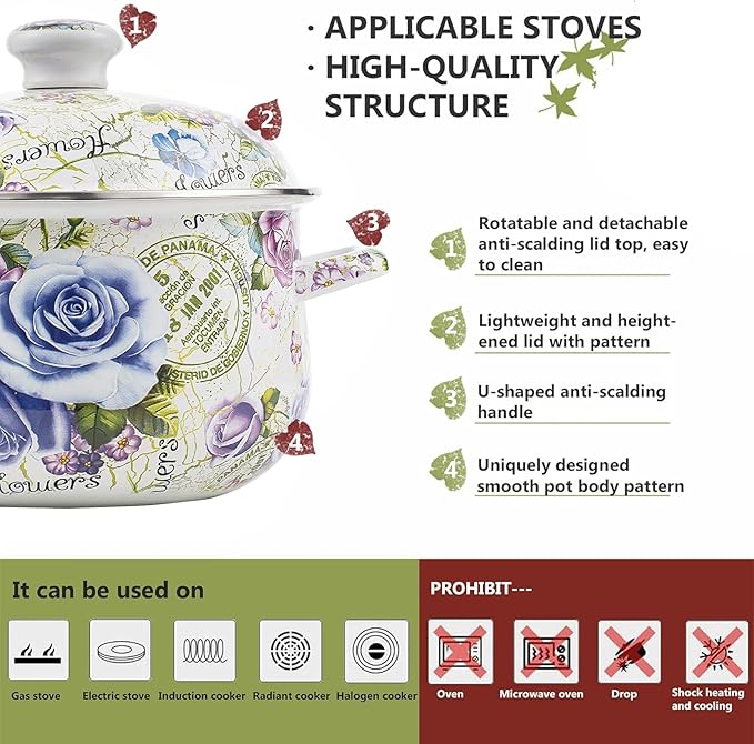 Retro 5QT Flower Enamel on Steel Stock Soup pot with Lid, Stockpots for Cooking,Retro Classic Design - Image 2