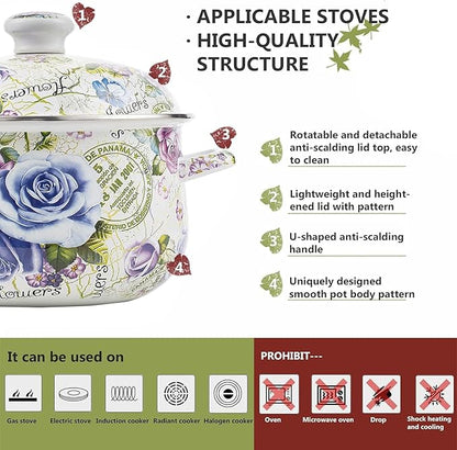 Retro 5QT Flower Enamel on Steel Stock Soup pot with Lid, Stockpots for Cooking,Retro Classic Design - Image 2