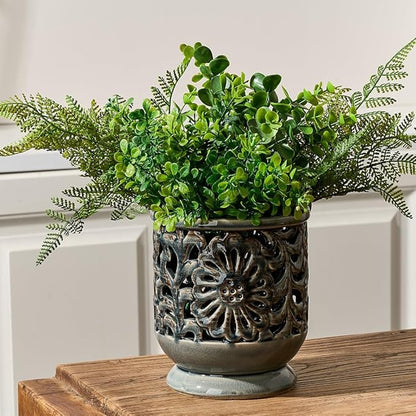 Farmhouse Kitchen Utensil Holder for Countertop, Ceramic Large Cooking Utensil Crock with Cork Mat, Decorative Rustic Utensil Holder for Kitchen Counter, Hollow Carving Flower, Gray