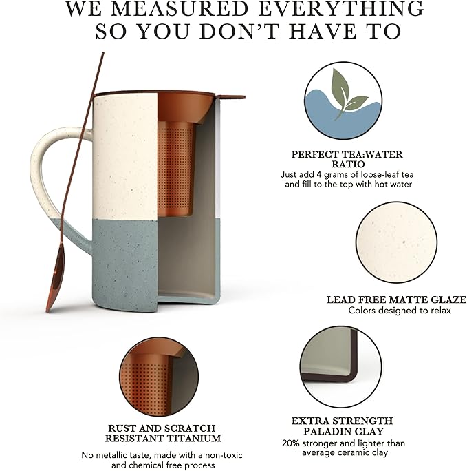 Mora Ceramics Tea Cup with Loose Leaf Infuser, Spoon and Lid, 12 oz, Microwave and Dishwasher Safe Coffee Mug - Rustic Matte Ceramic Glaze, Modern Herbal Tea Strainer - Great Gift for Women, Flint - Image 4