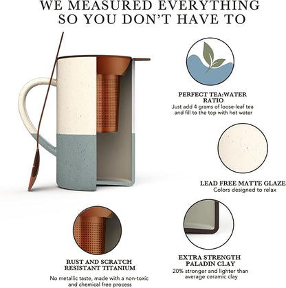 Mora Ceramics Tea Cup with Loose Leaf Infuser, Spoon and Lid, 12 oz, Microwave and Dishwasher Safe Coffee Mug - Rustic Matte Ceramic Glaze, Modern Herbal Tea Strainer - Great Gift for Women, Flint - Image 4