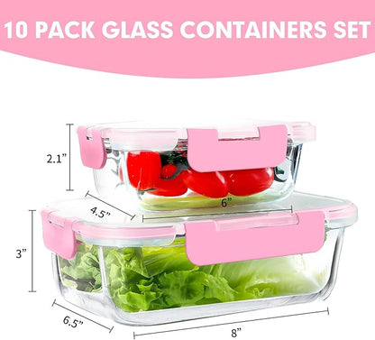VERONES 10Pack Glass Meal Prep Containers, Airtight Glass Lunch Containers,Stackable Food Storage Containers Set with Lids,Exclusive of BPA, for Microwave,Oven, Freezer&Dishwasher Friendly,Pink - Image 2