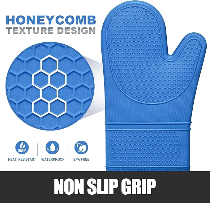 Rorecay 6pcs Oven Mitts and Pot Holders Sets for Kitchen, Extra Long Non-Slip Silicone Oven Gloves Heat Resistant 500 Degrees Potholders Hot Pads for Baking Cooking, Quilted Liner, Lake Blue - Image 3
