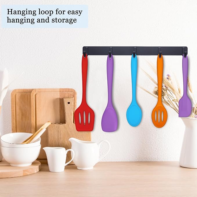 E-far 10 Pcs Silicone Cooking Utensils Set, Heat Resistant Kitchen Utensil Set for Nonstick Cookware, Kitchen Cooking Tools with Spatula, Spoon, Slotted Turner, Non-Toxic & Dishwasher Safe (Colorful) - Image 6