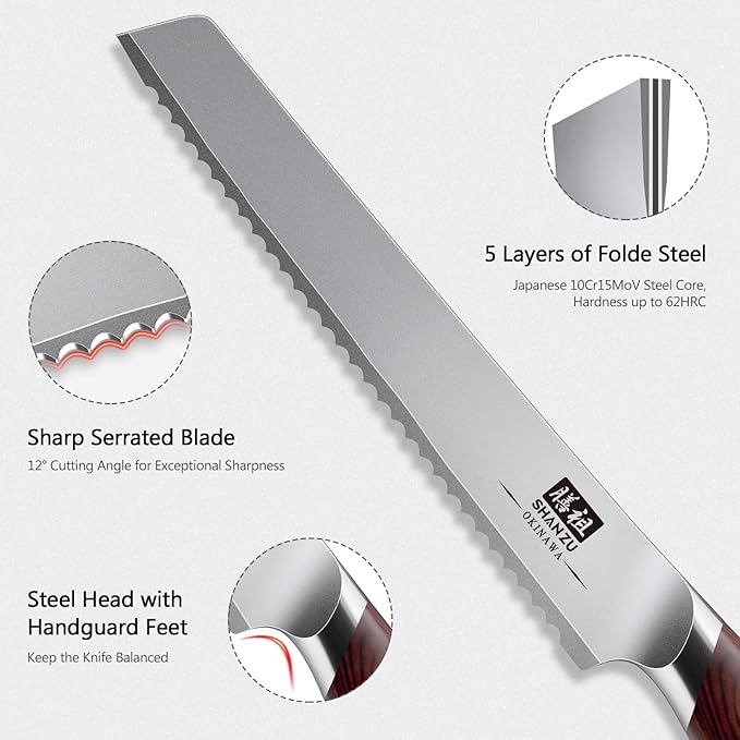 SHAN ZU Bread Knife 8 Inch, Japanese High Carbon 10Cr15Mov Stainless Steel Cake Knife, Razor Sharp Sourdough Slicing Knife, Multifunction Serrated knife for Homemade Bread - Image 3