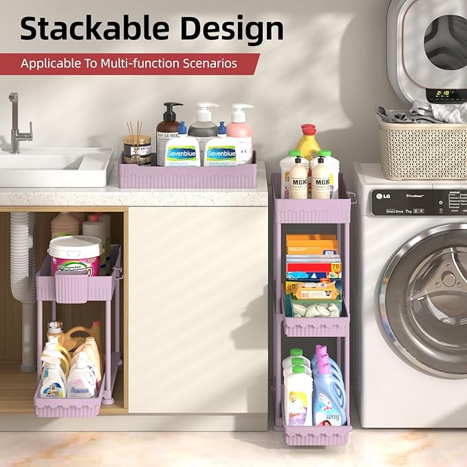 Sevenblue Under Sink Organizer, Bathroom Organizers and Storage, 2 Tier Multi-Use Pull Out Cabinet Organizer with Hang Hooks and Cups (Pink, 4 Pack) - Image 3