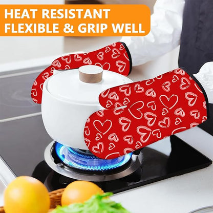 White Love Hearts Oven Mitts and Pot Holders Sets 4Pcs,Extra Long Oven Gloves Potholder for Kitchen Cooking Baking BBQ 100% Cotton Heat Resistant - Image 6