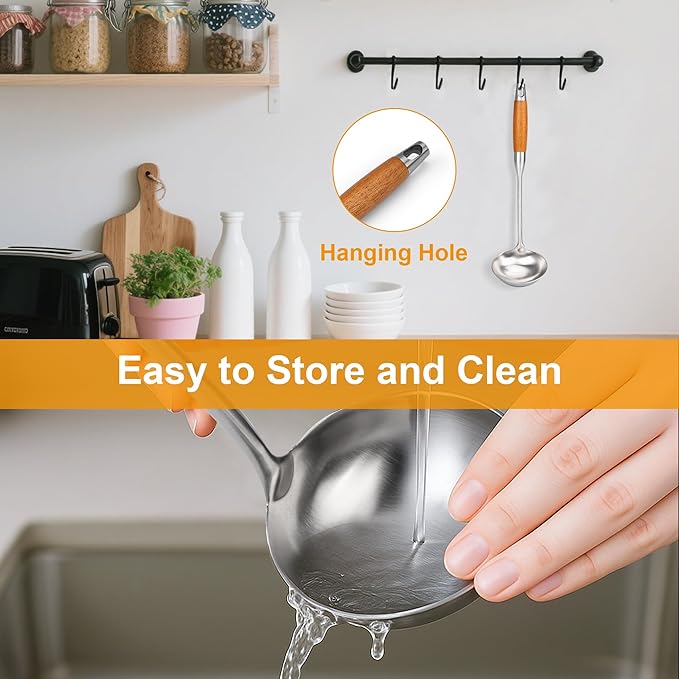 FJNATINH Soup Ladle, Stainless Steel Ladle with Heat Resistant Wooden Handle, Food Grade Metal Cooking Soup Spoon Kitchen Tools, Easy to Clean - Image 6
