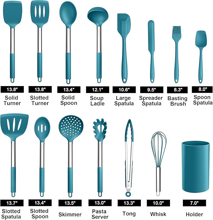 LIANYU 15-Piece Kitchen Cooking Utensils Set with Holder, Silicone Kitchen Tools Stainless Steel Handle, Slotted Spatula Spoon Turner Tong Whisk Brush for Cooking, Dark Blue - Image 2