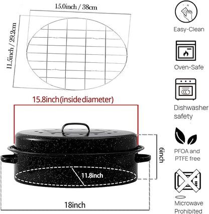 Oval Roasting Pan with Lid and Rack 18" Large Roaster Pan Set Comes With Lron Rack Enamel Cook Ware Dishwasher Compatibility Granite Oven Roaster