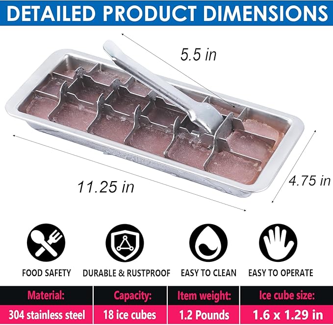 KAYCROWN 18/8 Stainless Steel Ice Cube Tray, 18 Slot Ice Tray with Easy Release Handle for Making Various Ice Cubes and Frozen Foods, Removable Slots for Easy Ice Cube Removal and Cleaning - Image 6