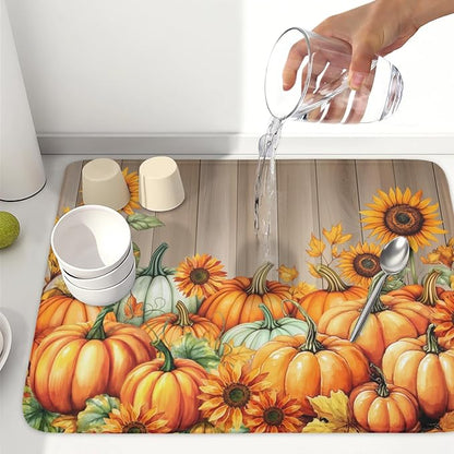 Fall Orang Pumpkin Dish Drying Mat for Kitchen Counter 18 x 24 Inch Autumn Sunflower Dish Drainer Mat Absorbent Microfiber Thanksgiving Wooden Dish Rack Pad for Coffee Dining Bar Decor