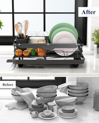 Kitsure Dish Drying Rack for Kitchen Counter, Stainless Steel Sink Organization and Storage Essentials with Cutlery Holder, Home and Appartment Decor, 12.2''W x 15.7''~23''L, Black - Image 7