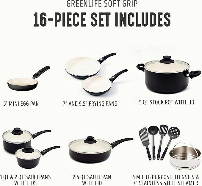 GreenLife 16 Piece Nonstick Cookware Set, Soft Grip Non-Toxic PFAS-Free Ceramic Pots & Pans, Dishwasher & Oven Safe, Frying, Sauce, Utensils, Glass Lids, Stay-Cool Handles, Wobble Free, Black & Cream - Image 4